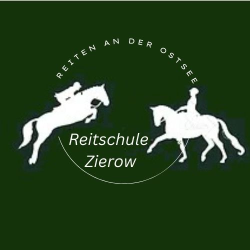 Zwei weiße Reiterfiguren auf grünem Hintergrund mit dem Text "Reitschule Zierow".