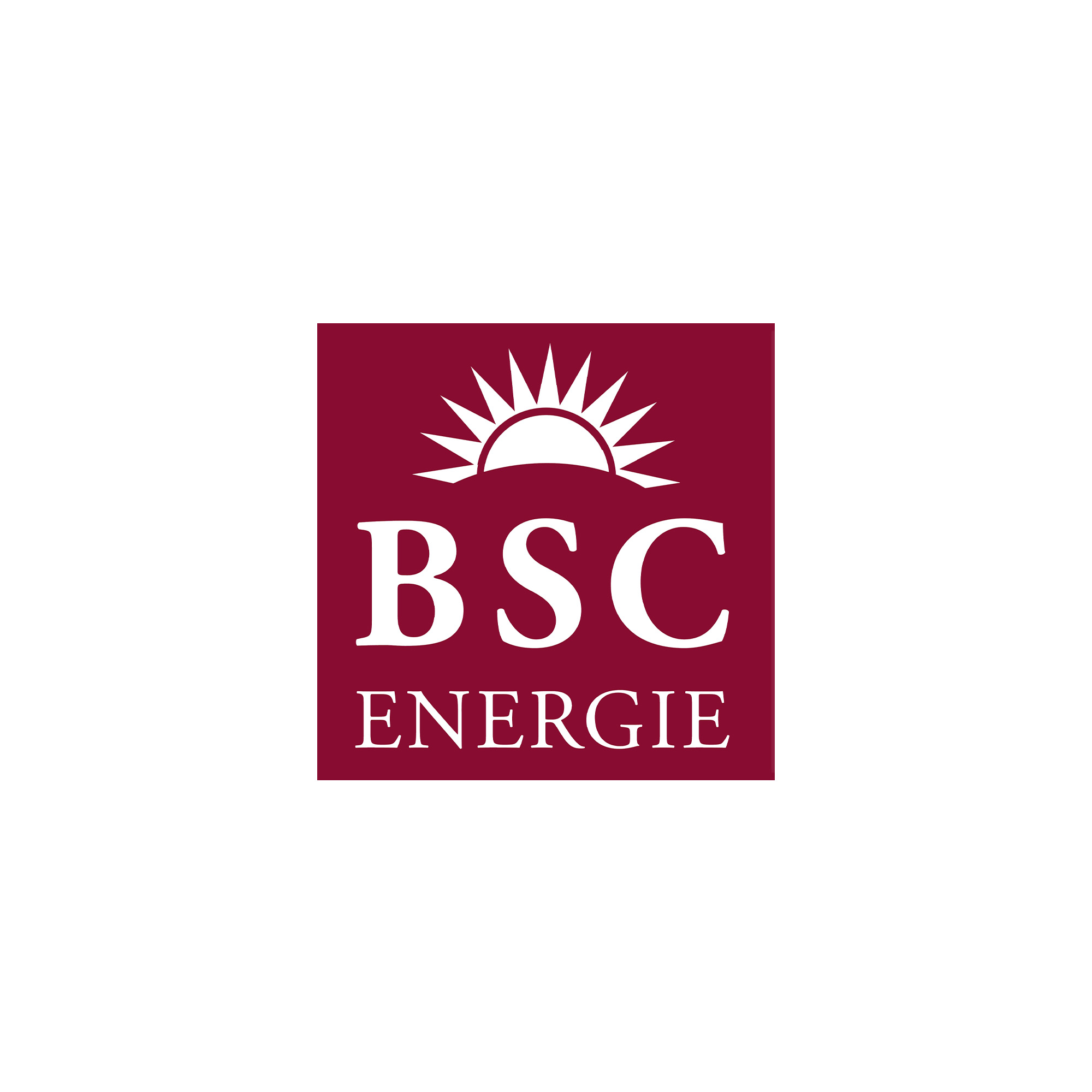 Ein Logo mit "BSC Energie" in Weiß auf rotem Hintergrund, über einer halben Sonne.