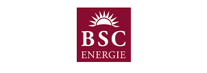 Rotes Logo mit weißer Sonne, "BSC ENERGIE" Text; schlichtes, symmetrisches Design.