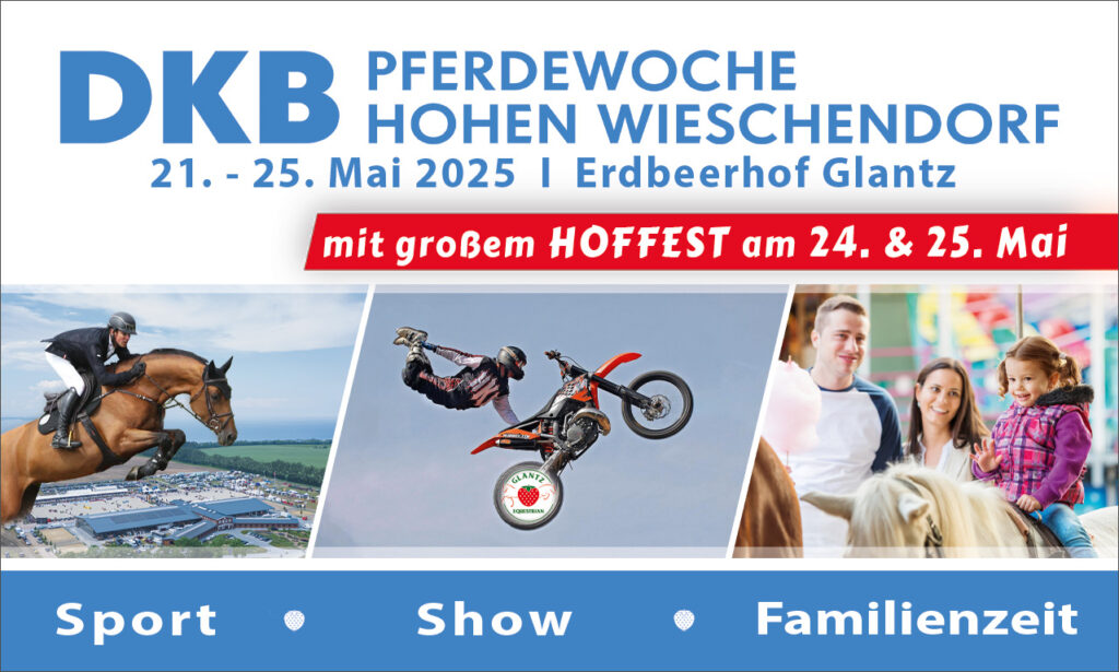 Plakat für DKB Pferdewoche 2025 mit Springreiter, Motorradstunt, lachende Menschen; Sport, Show, Spaß.