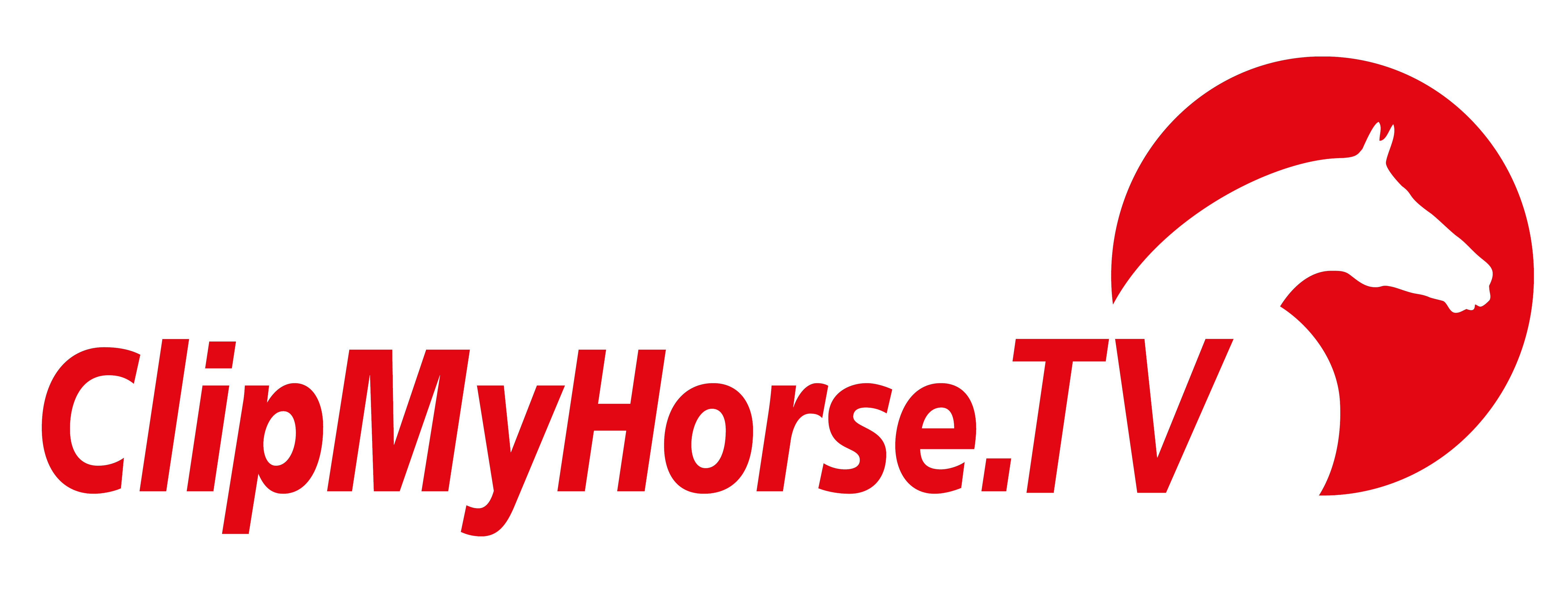 Logo von ClipMyHorse.TV mit rotem Pferdekopf und Schriftzug vor weißem Hintergrund.
