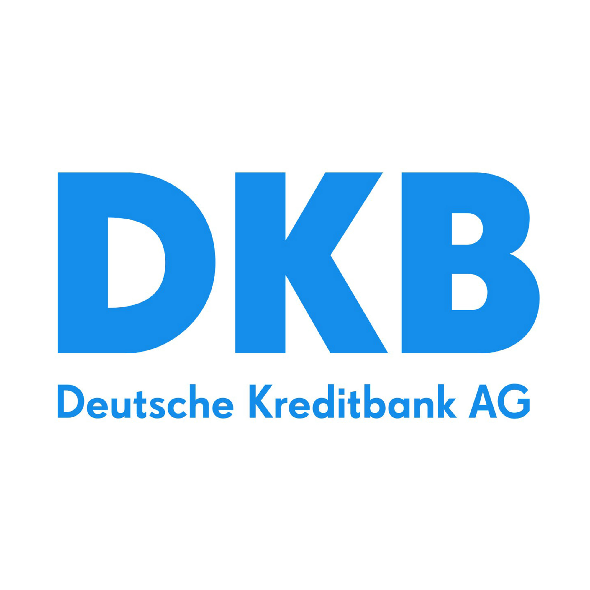 DKB-Logo in Blau, Text: "Deutsche Kreditbank AG", klare moderne Schrift auf weißem Hintergrund.
