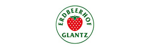 Logo: Rote Erdbeere im Zentrum, umgeben von grünem Text "Erdbeerhof Glantz".