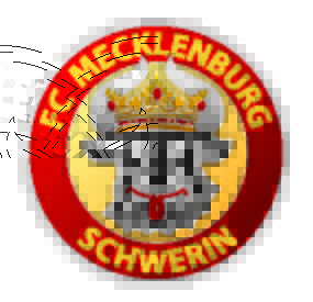 Logo des FC Mecklenburg Schwerin: Schwarzer Stier mit goldener Krone auf gelbem Hintergrund.