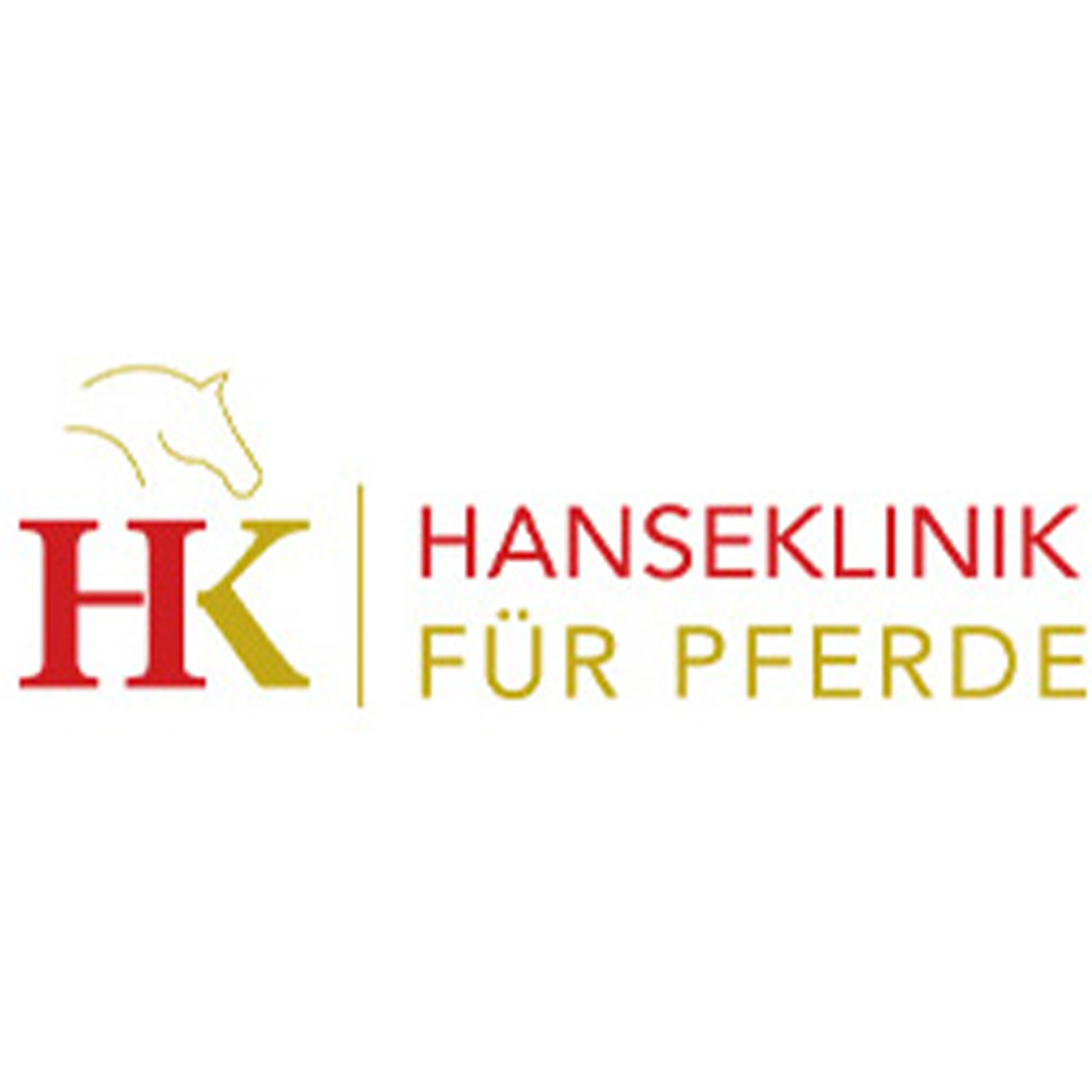 Logo der Hanseklinik für Pferde: stilisierter Pferdekopf, rote und gelbe Farben, klare Schrift.