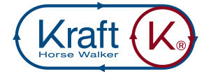 Kraft Horse Walker-Logo mit blauem Text und rotem Kreis, stilisierte Buchstaben und Pfeile.
