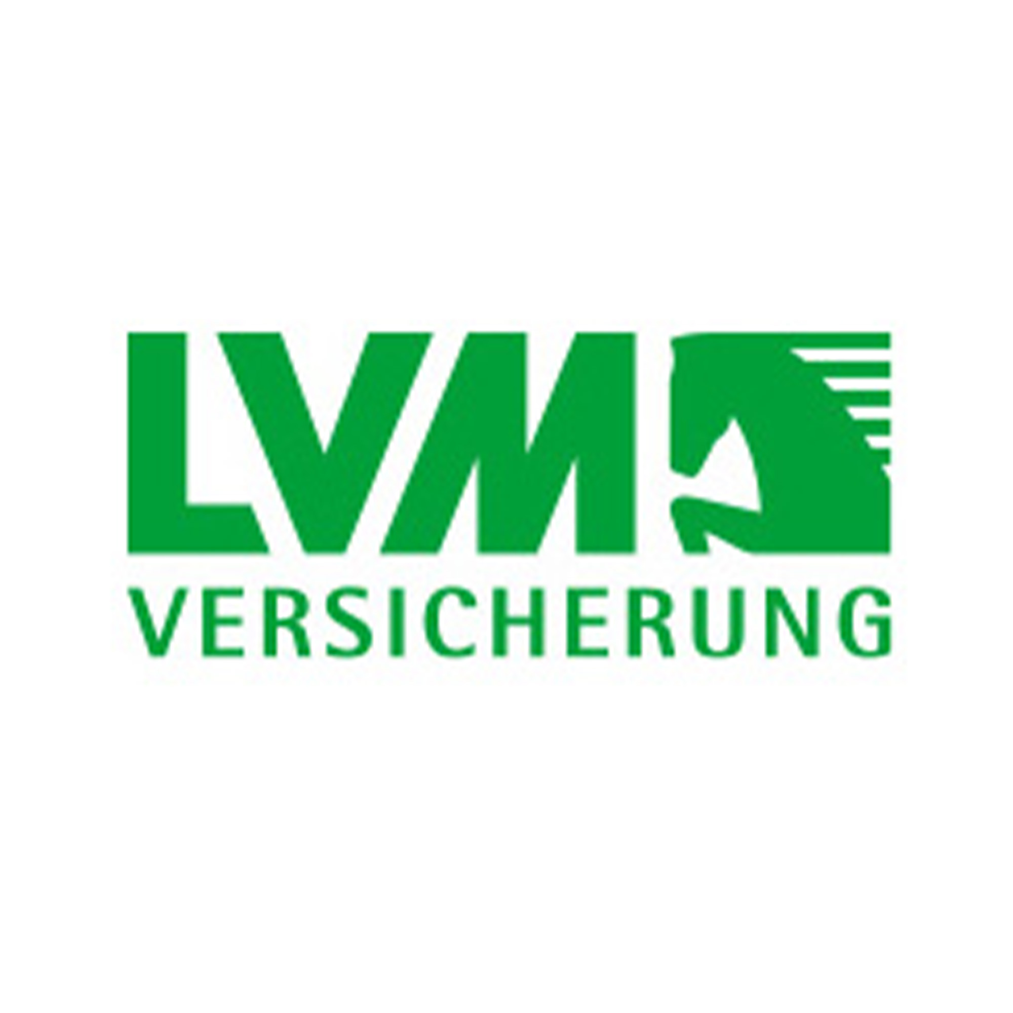 LVM Logo in Grün, stilisiertes Pferd, klarer Text, Versicherung, moderne Gestaltung.