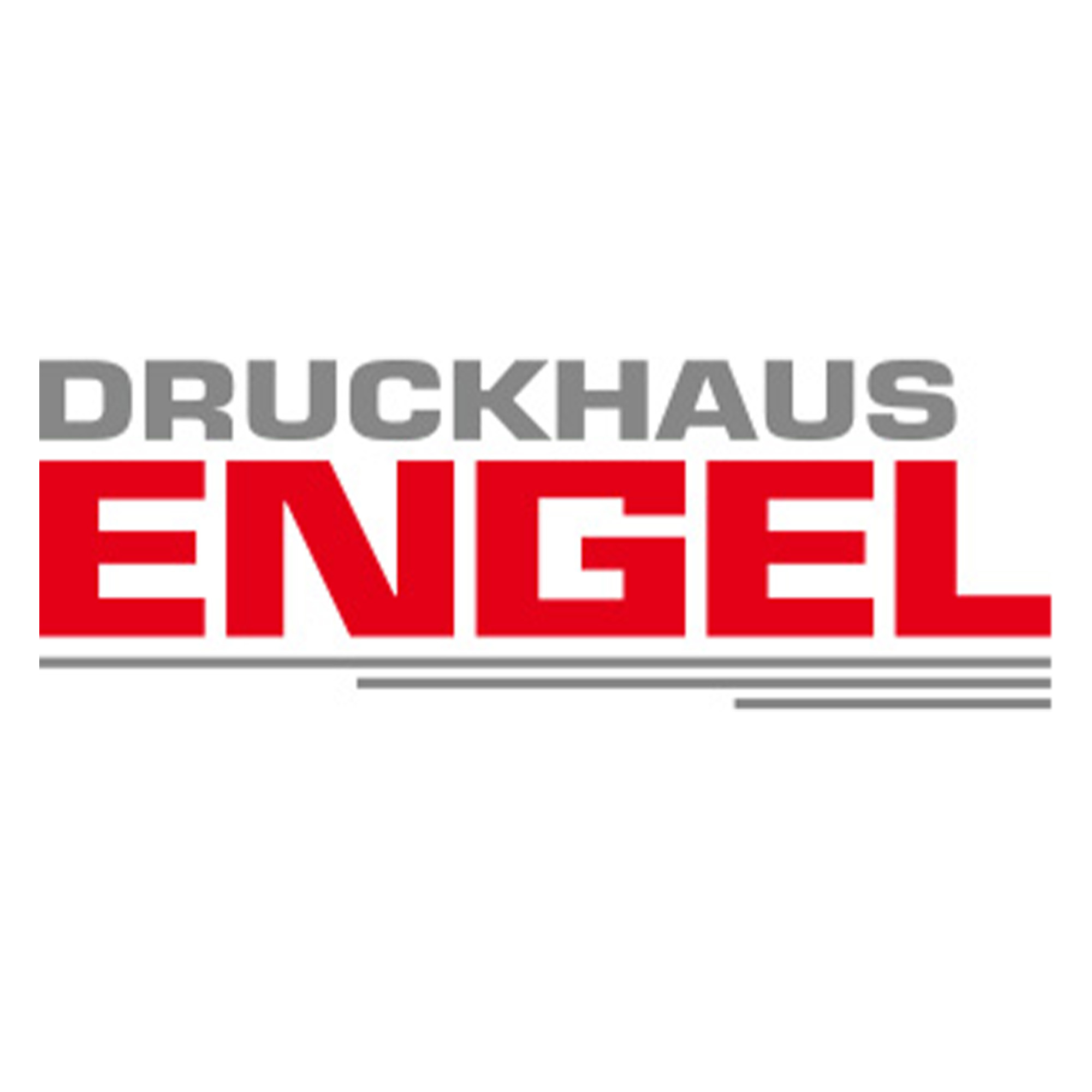 Logo mit Text "DRUCKHAUS ENGEL" in Grau und Rot, schlichtes Design.