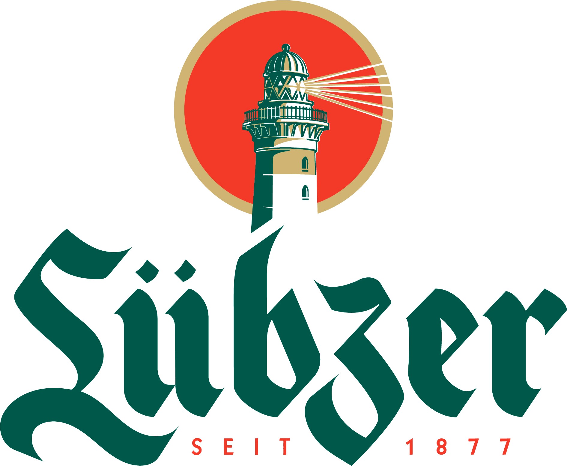 Lübzer-Logo mit Leuchtturm vor rotem Hintergrund, traditionelle Schrift.