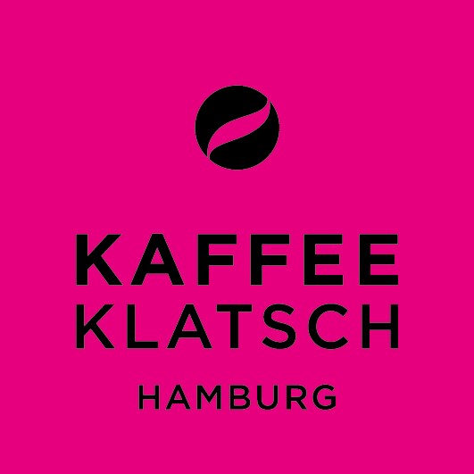 Kaffeeklatshc Logo auf pinkem Hintergrund mit schwarzem Text und Icon.