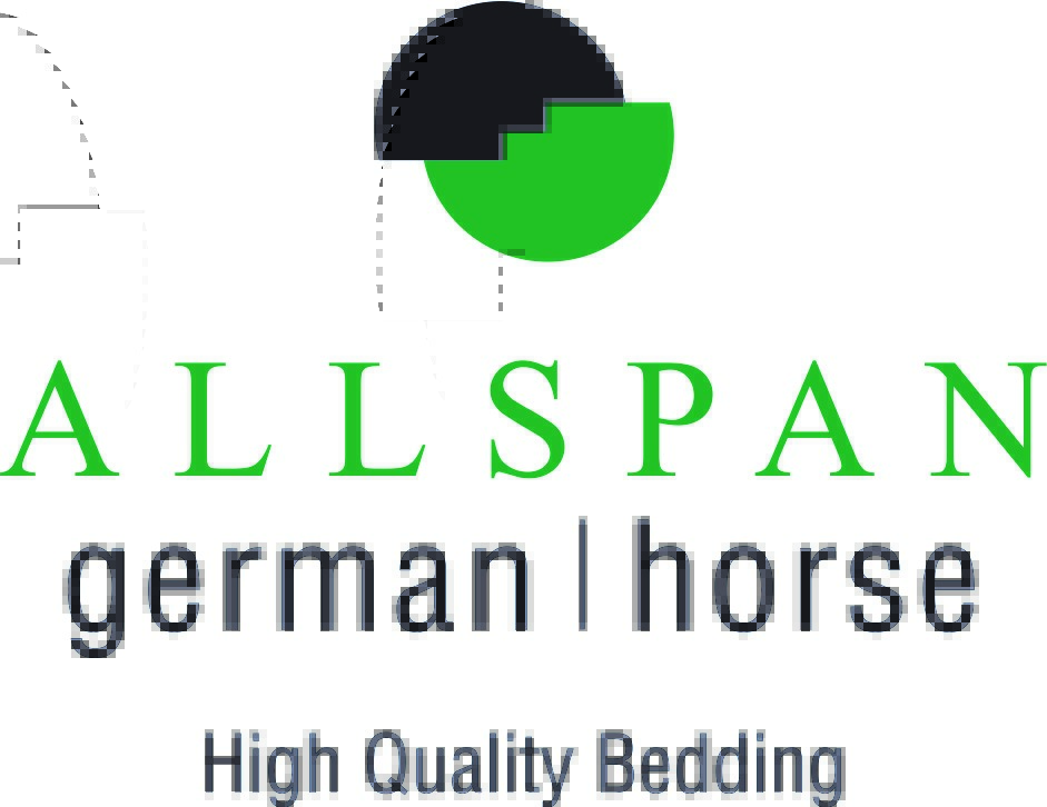 Logo von Allspan German Horse, grüner Text, schwarzes und grünes Halbkreis-Design, hochwertiges Einstreumaterial.