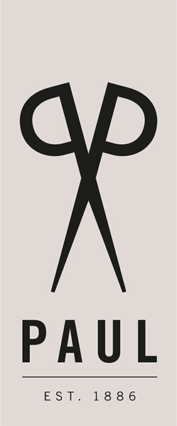 Logo von PAUL, Scherenmotiv in Schwarz, traditionell und elegant, grauer Hintergrund.