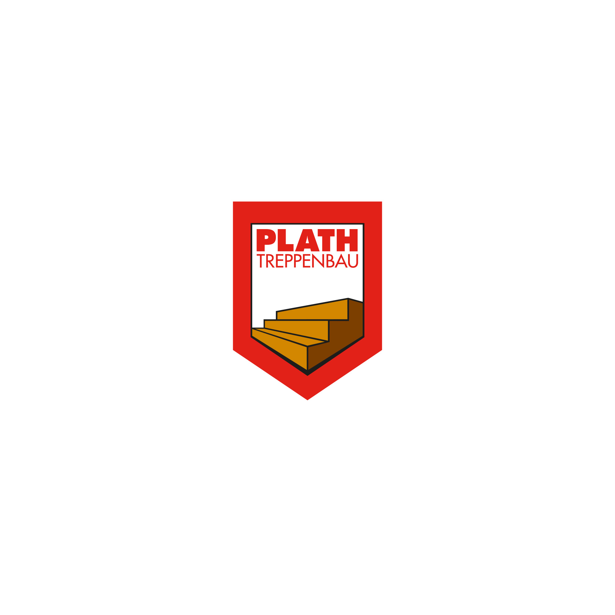 Logo für "Plath Treppenbau" mit rotem Rand, brauner Treppe in der Mitte, weißer Hintergrund.