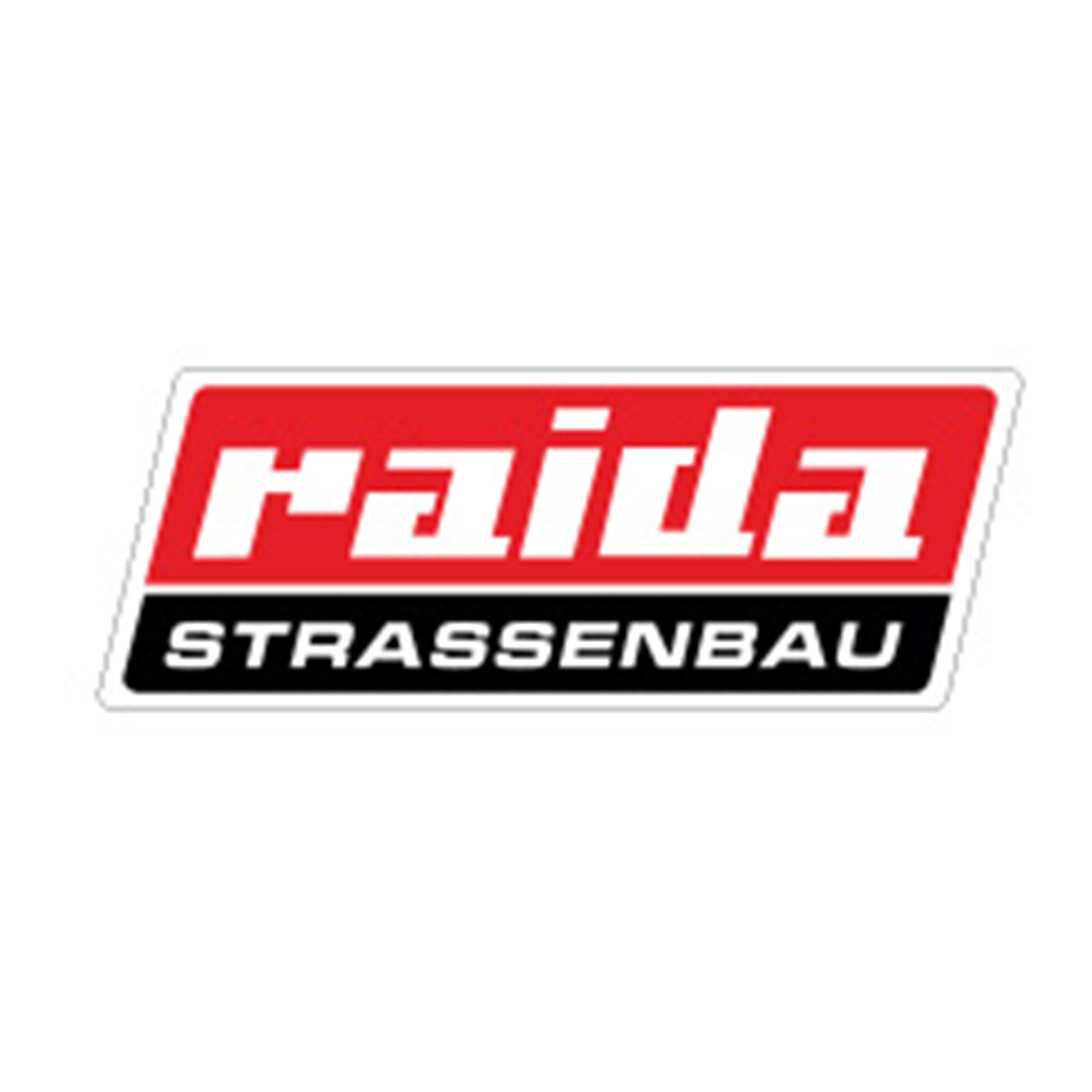 Logo mit "raida STRASSENBAU" in Weiß auf rotem und schwarzem Hintergrund, rechteckige Form.