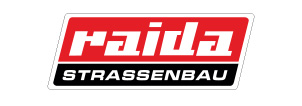 Logo mit rotem Hintergrund, weißer Schrift "raida", schwarzem Text "STRASSENBAU", stilvoll gestaltet.