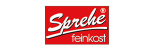 Sprehe-Feinkost-Logo, roter Hintergrund, weiße Schrift, markanter Schriftschnitt.
