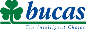 Bucas-Logo mit grünem Kleeblatt, blauer Schrift und Slogan "The Intelligent Choice".