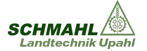 Logo der Firma Schmahl Landtechnik Upahl, grüne Schrift mit Zahnrad und Ähren, Dreiecksform.