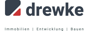 Logo mit dem Text "drewke", links stilisiertes Symbol in Blau und Rot. Text darunter: "Immobilien | Entwicklung | Bauen".
