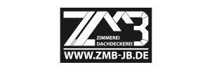 Logo der Firma ZMB, Zimmerei und Dachdeckerei, in Weiß auf schwarzem Hintergrund.