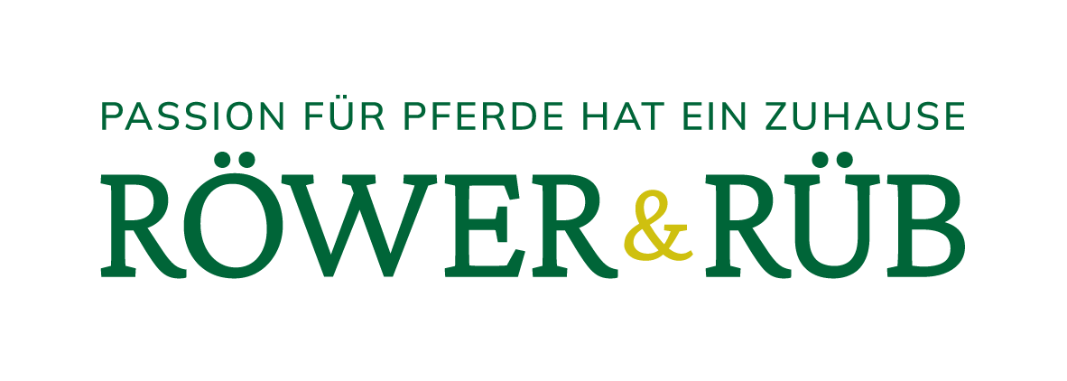 Grüner Text "Röwer & Rüb" mit Slogan "Passion für Pferde hat ein Zuhause".