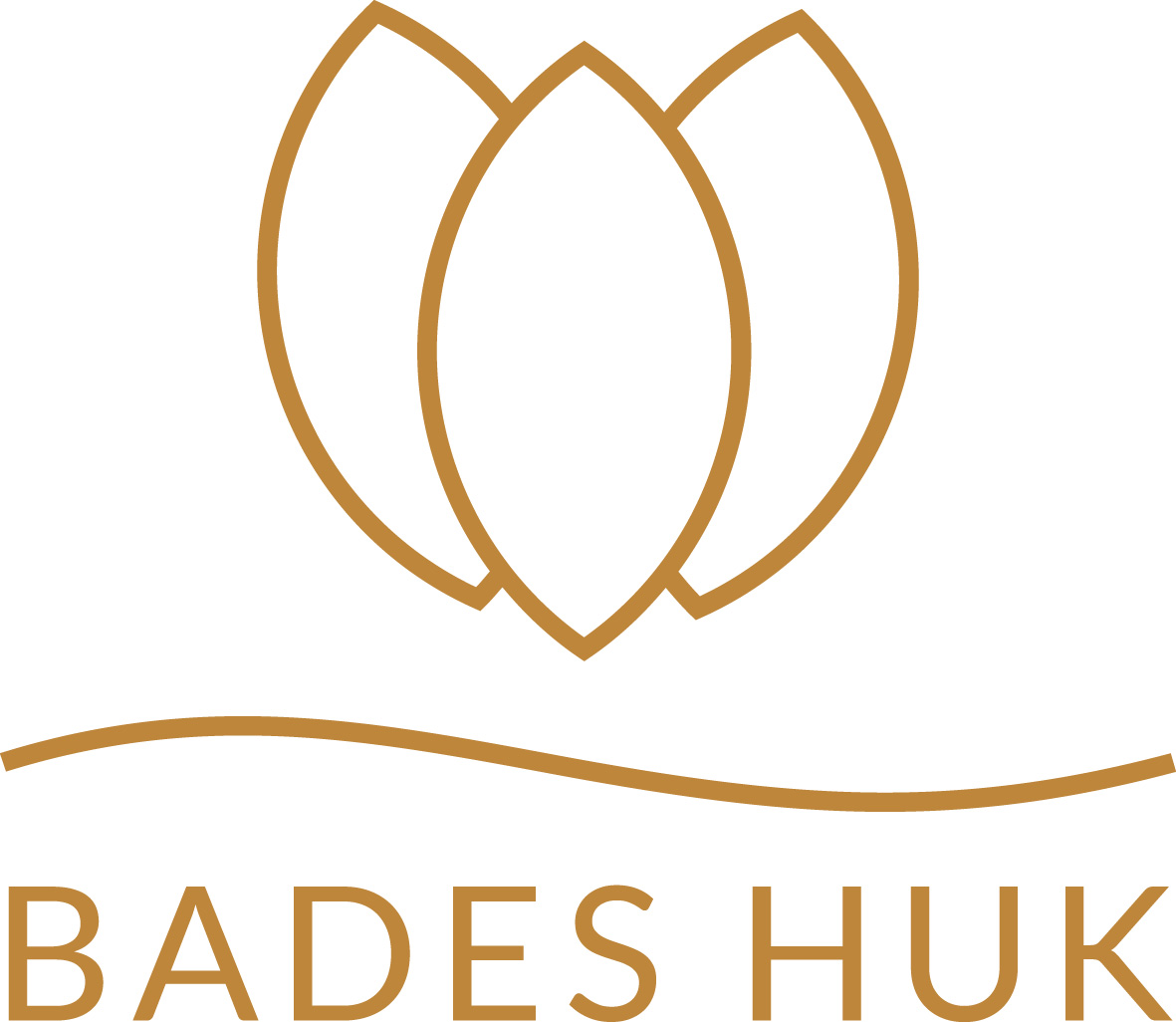 Logo von Bades Huk mit drei stilisierten, sich überlappenden Blattformen in Gold.