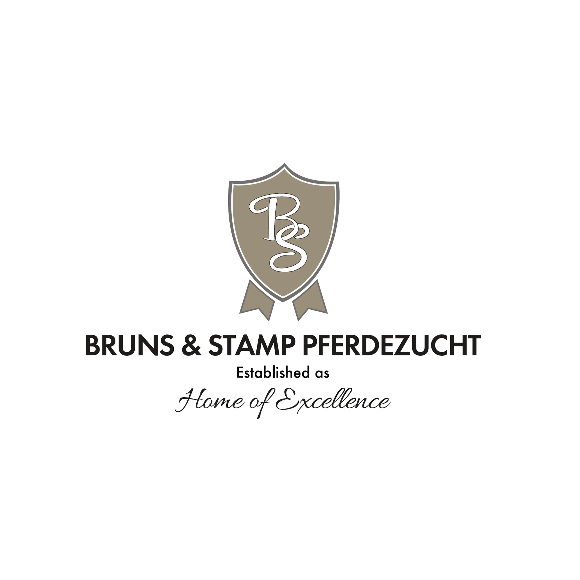 BS-Logo in Braun, Schildform, Text: "Bruns & Stamp Pferdezucht, Home of Excellence".