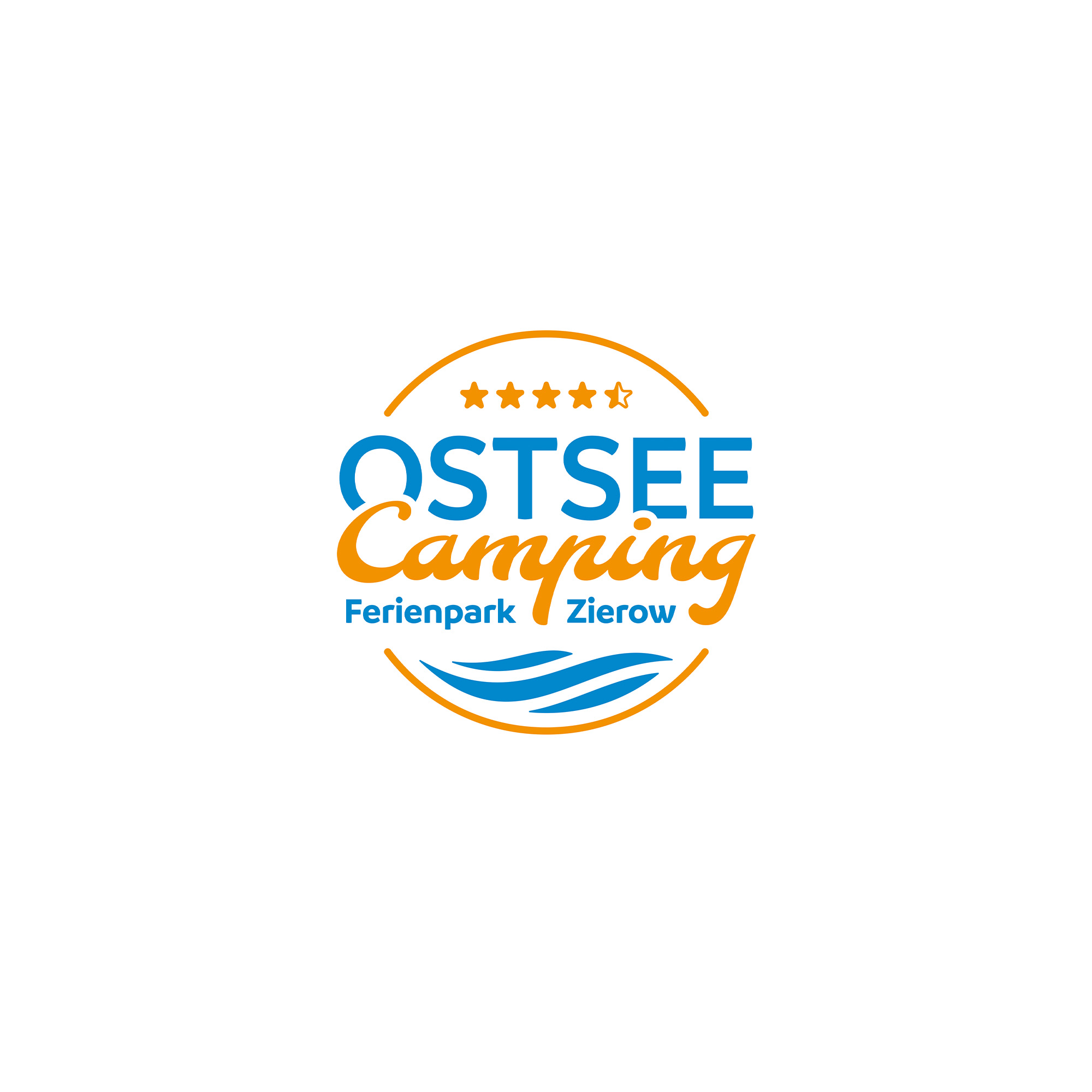 Blau-gelbes Logo mit der Aufschrift "Ostsee Camping Ferienpark Zierow" und wellenförmigem Symbol.