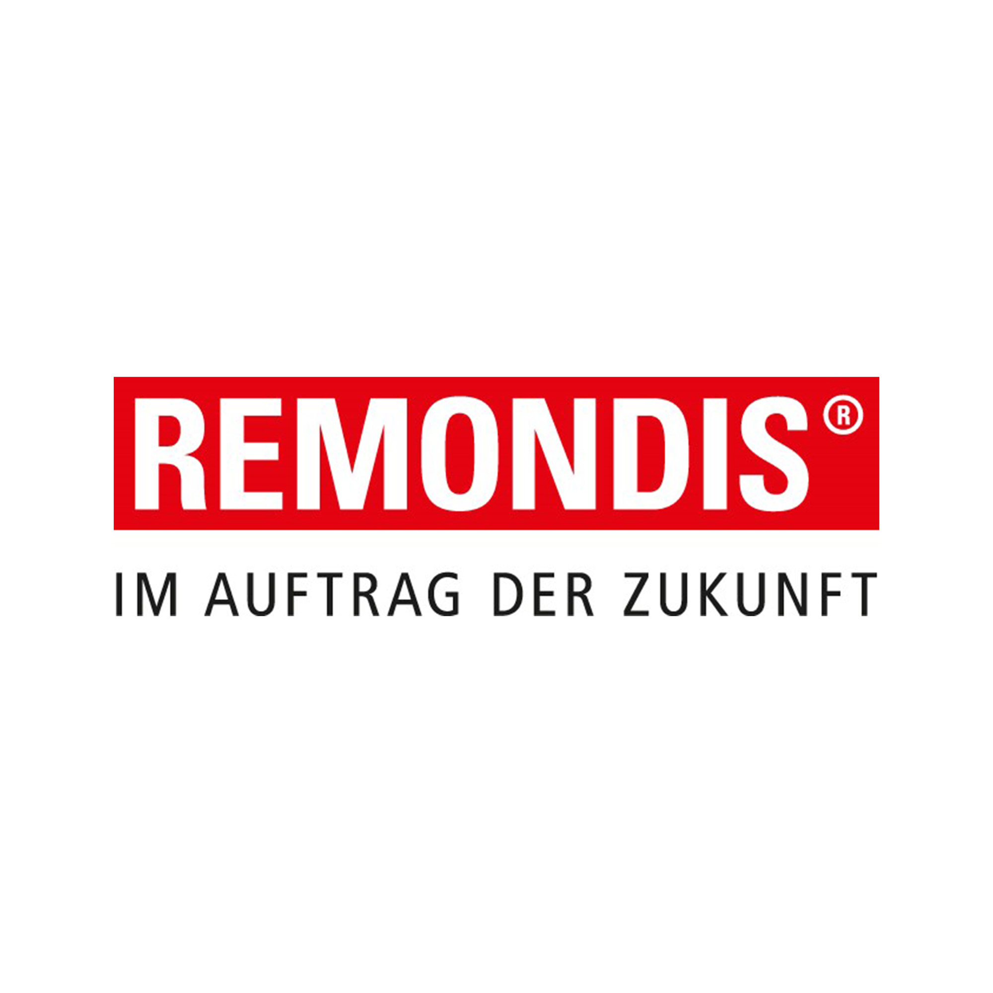 REMONDIS-Logo: Roter Text auf weißem Hintergrund mit Slogan „Im Auftrag der Zukunft“.