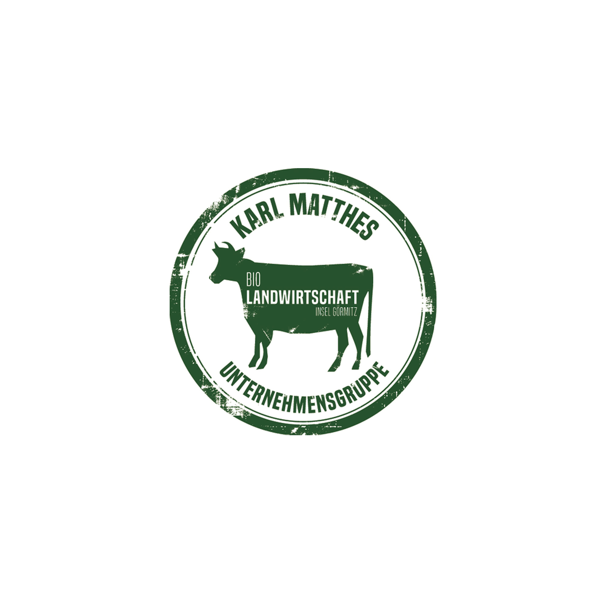 Logo mit grünem Rundstempel; enthält eine Kuh und Text: "Karl Matthes, Bio Landwirtschaft".