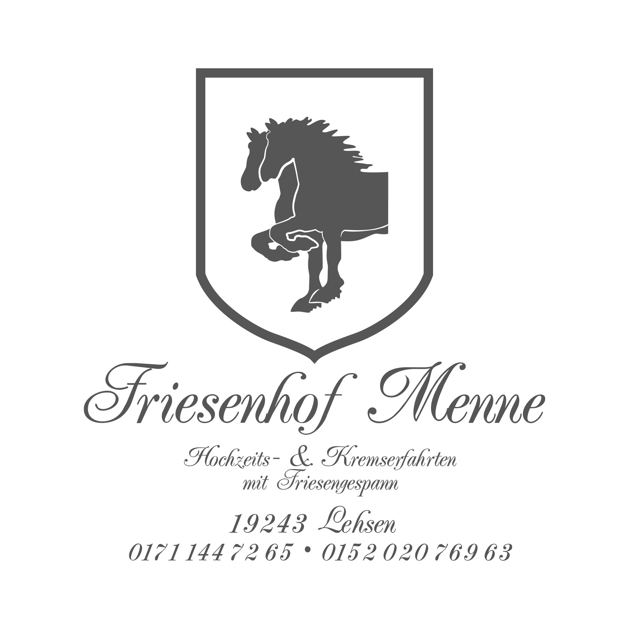 Logo eines Reithofs mit einem springenden Pferd und Schriftzug "Friesenhof Menne".