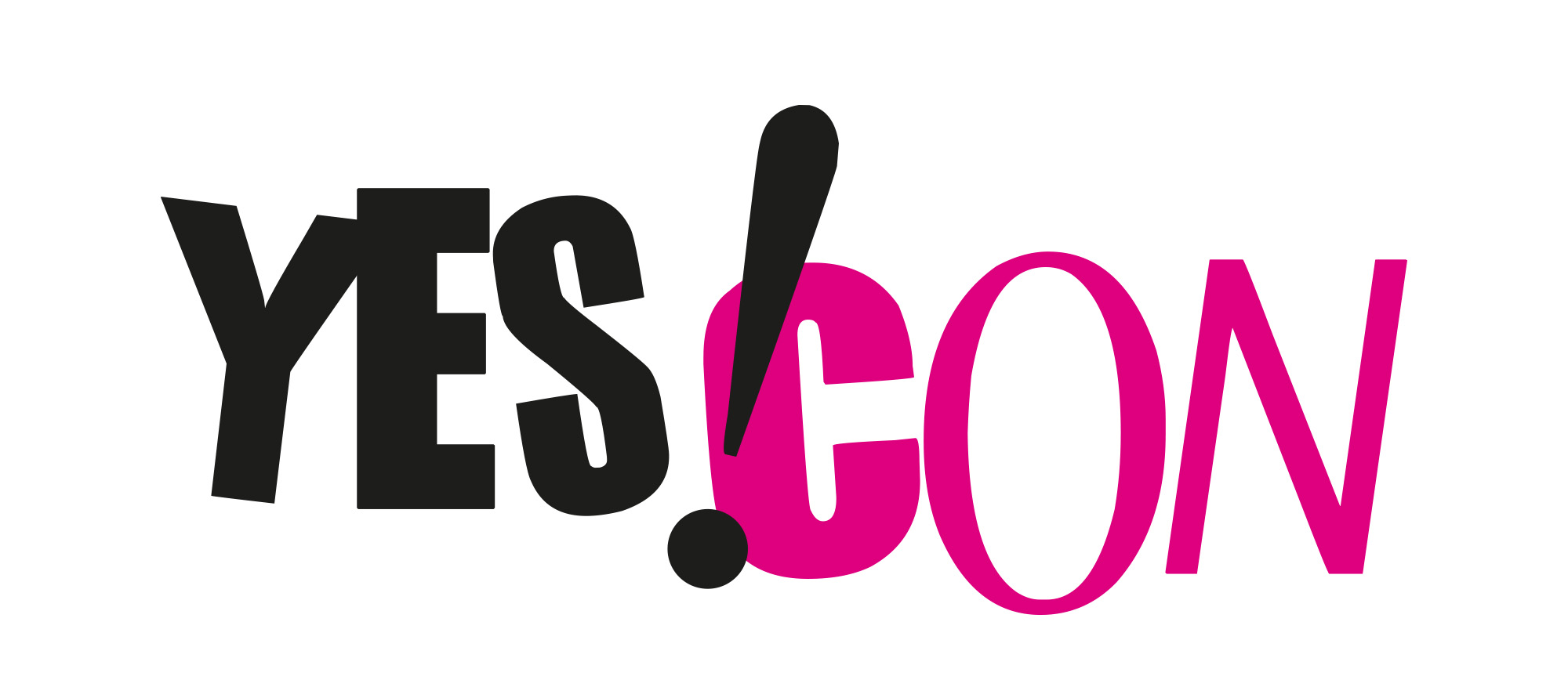 "Logo mit 'YES!CON' in Schwarz und Pink auf weißem Hintergrund, stilisierter Schriftzug."