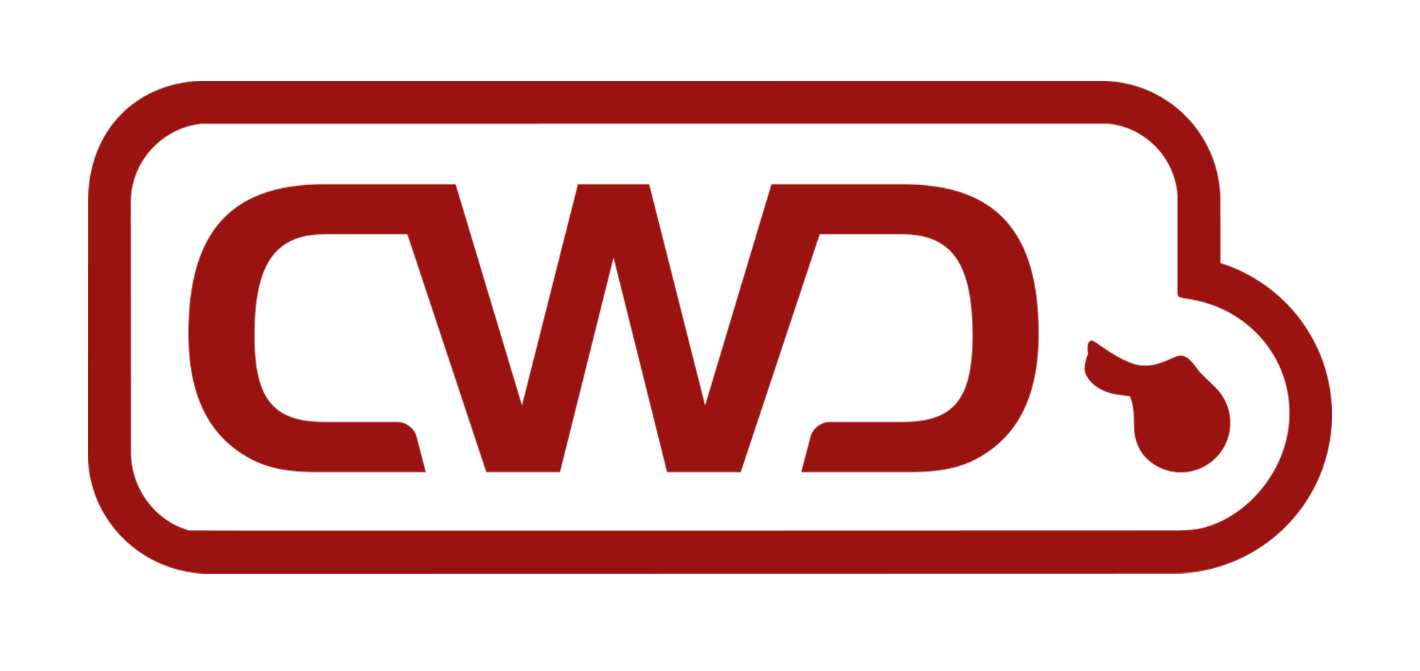 Rotes CWD-Logo mit stilisierter Hundeform am rechten Rand.