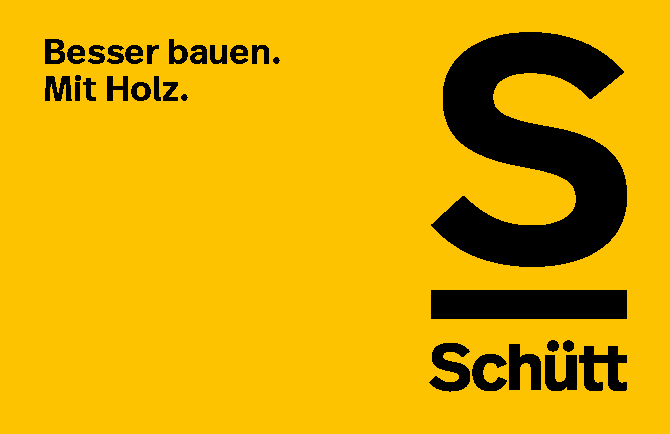 Gelber Hintergrund mit schwarzem Text und Schütt Logo, moderne Typografie