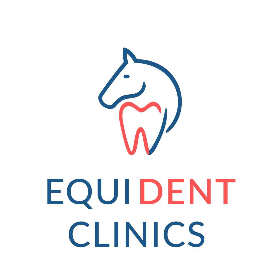 Ein blaues Pferdekopf-Logo mit rotem Zahn darunter und Text Equident Clinics