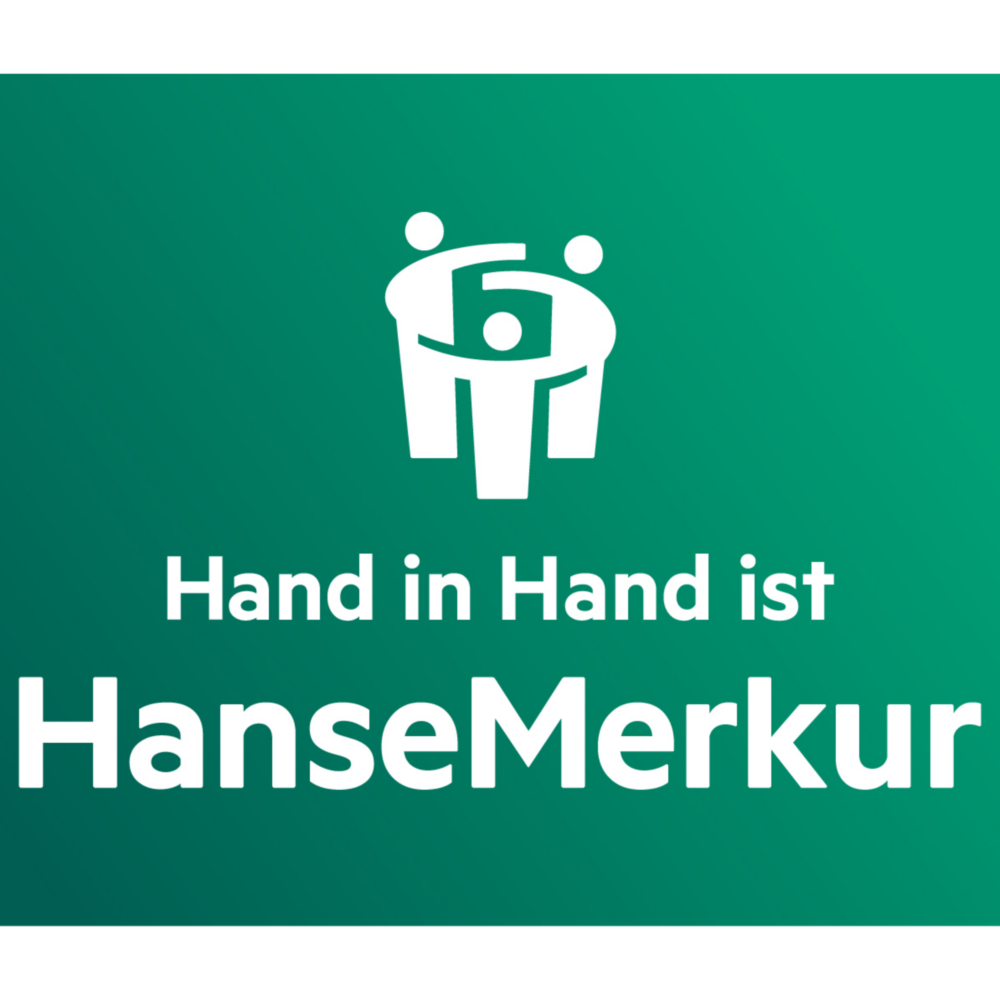 Logo in Weiß auf grünem Hintergrund mit drei stilisierten Figuren und Text