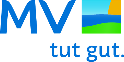Blaues MV Logo mit buntem Landschaftsbild und dem Schriftzug tut gut